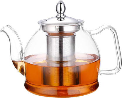 Belro 1000ml glass teapot with removable infuser, blooming and loose leaf tea brewing, clear glass kitchen accessory.