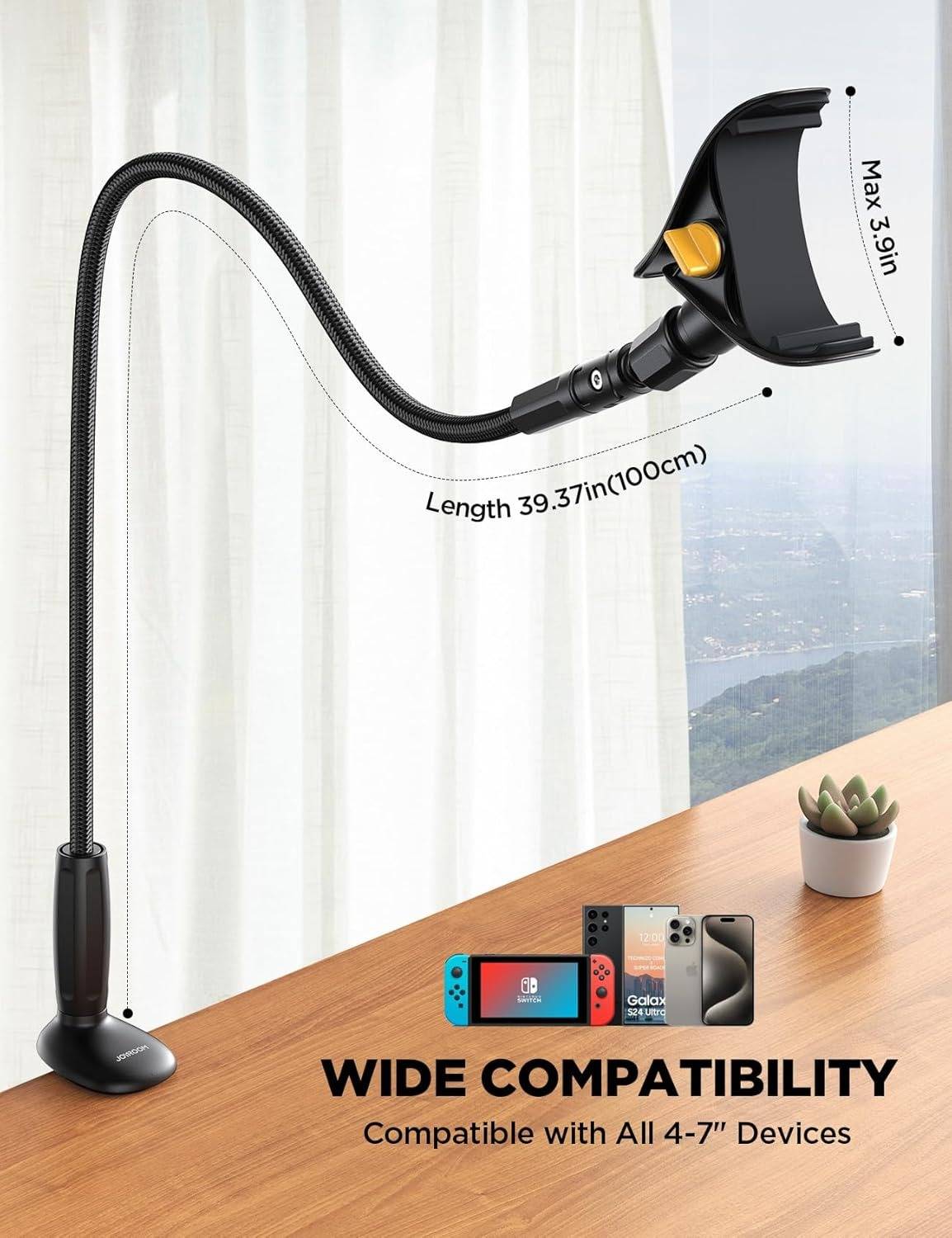 Belro bed phone holder mounted on bed frame holding a smartphone, ideal for hands-free use and easy access during relaxation.
