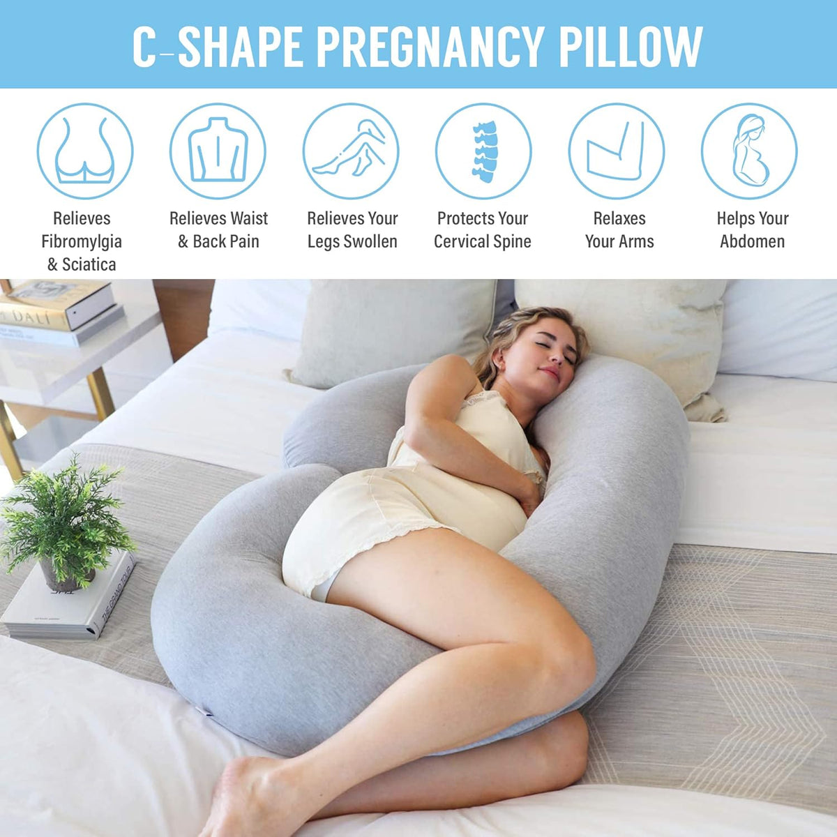 Belro C-shaped full body pregnancy pillow in soft fabric, designed for comfort and support during pregnancy.