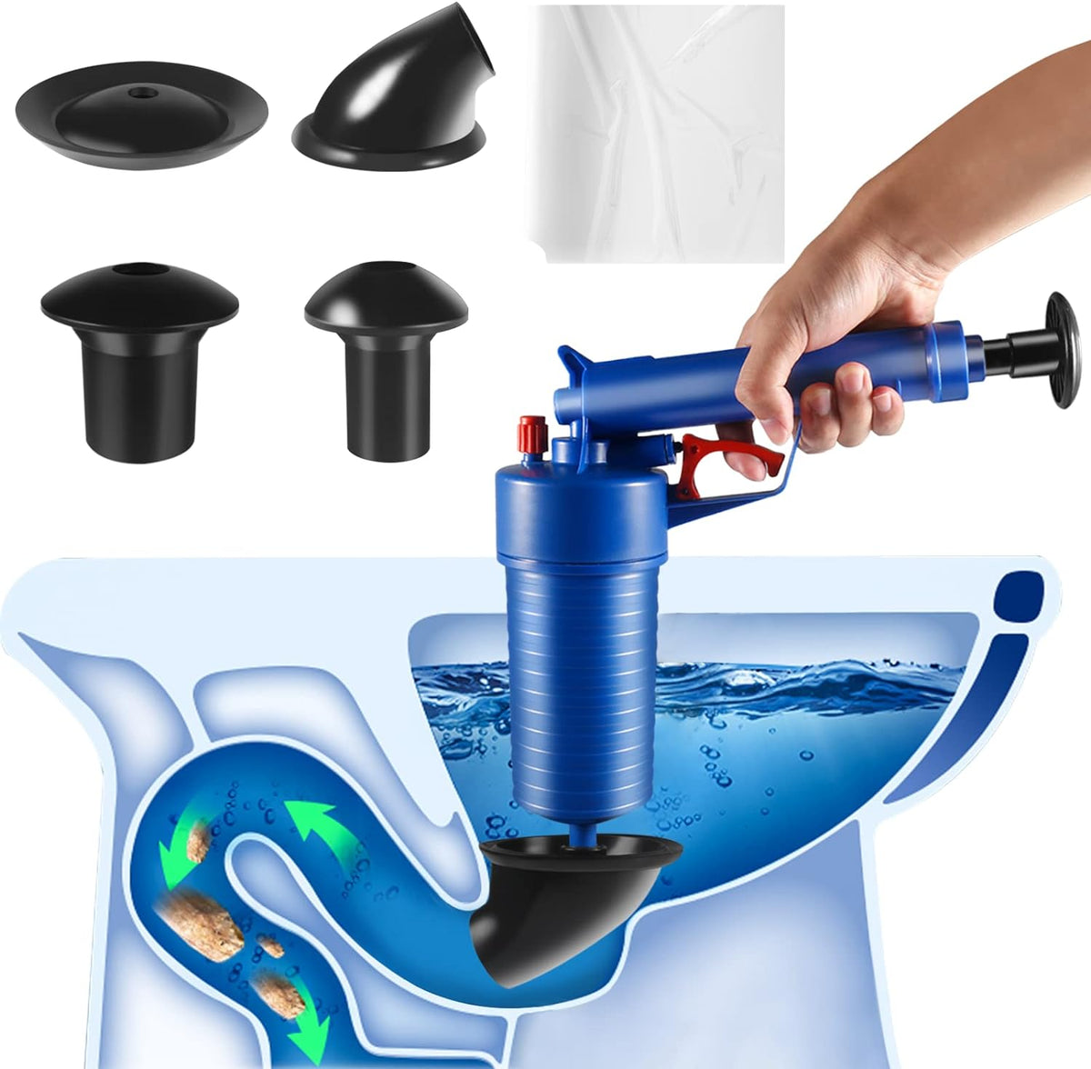 Belro Drain Blaster Air Toilet Sink Plunger Gun tool for clearing clogs in toilets and sinks, compact and easy to use.