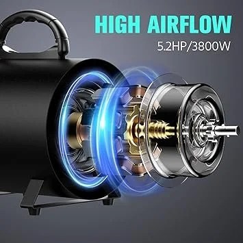 Casavibeo pet dryer with 5.2HP/3800W power, adjustable speed and temperature, includes 3 nozzles for dog grooming.