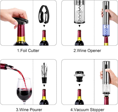 Belro electric wine bottle opener set with vacuum preserver, automatic corkscrew, foil cutter, and charging base for up to 30 bottles