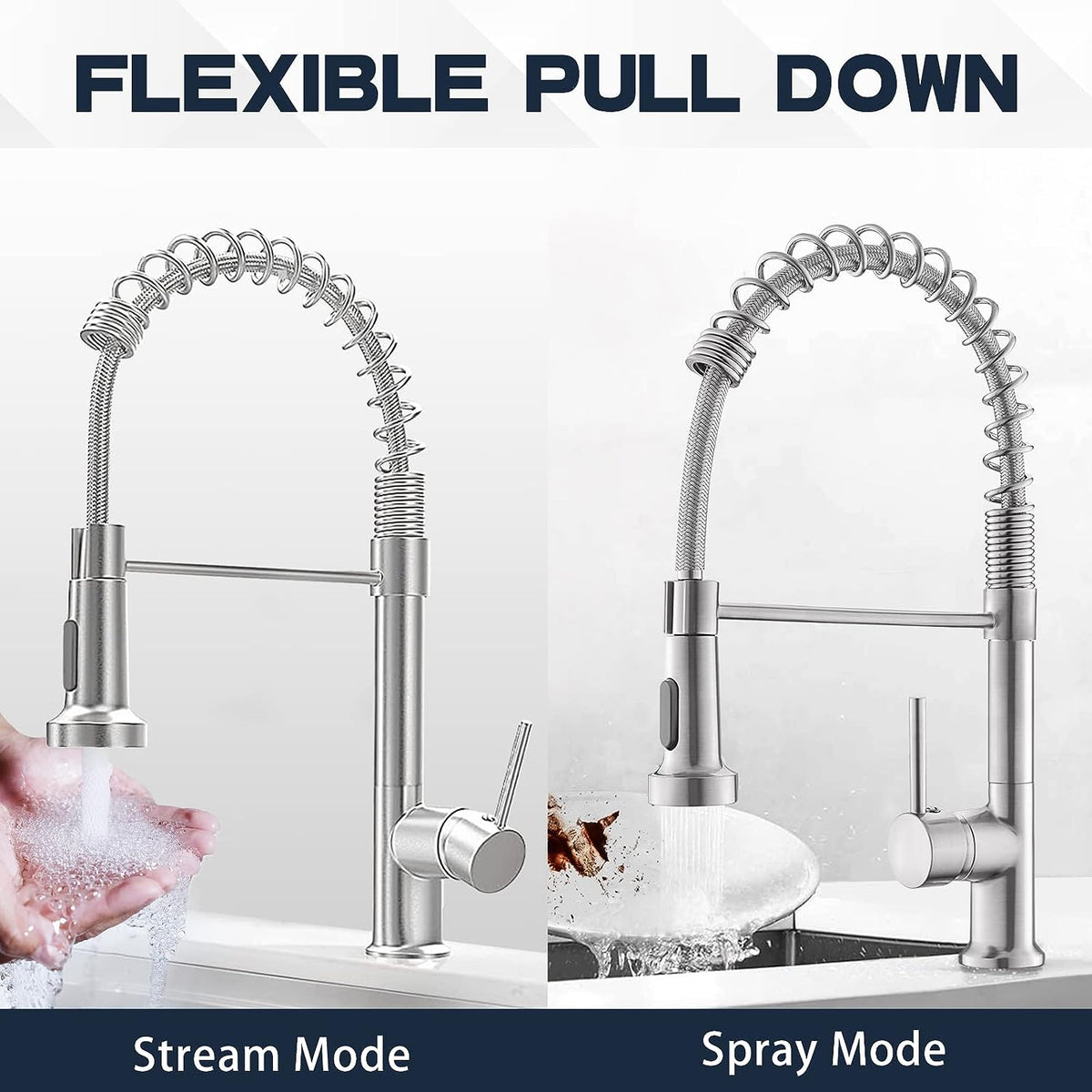 Belro single-hole kitchen faucet with pull-down sprayer, modern design, chrome finish, and ergonomic handle for easy use