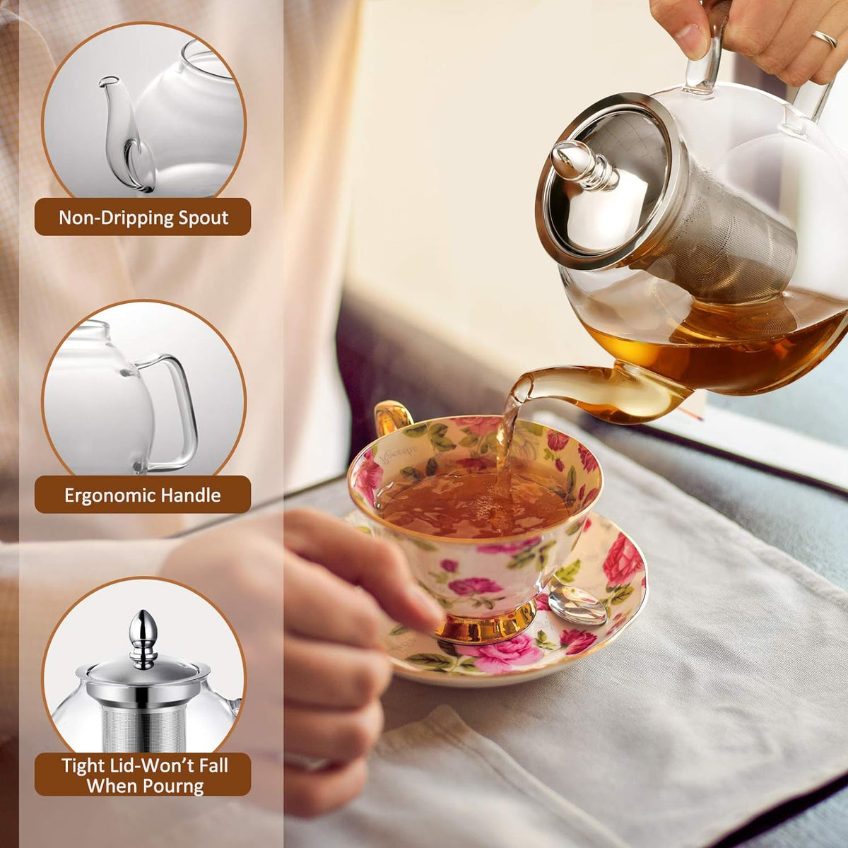 Belro 1000ml glass teapot with removable infuser, ideal for blooming and loose leaf tea brewing in kitchen and dining settings.