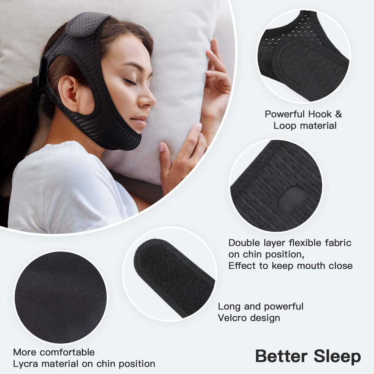 Belro anti snoring chin strap for sleep apnea, adjustable sleep aid device helping reduce snoring and improve breathing during sleep.