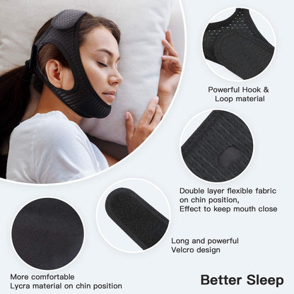 Belro anti snoring chin strap for sleep apnea, adjustable sleep aid device helping reduce snoring and improve breathing during sleep.