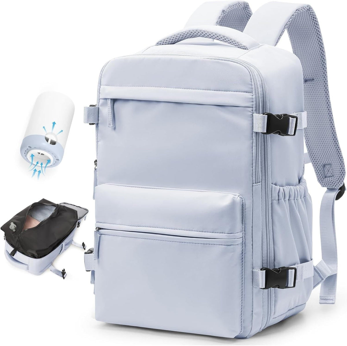 Belro 15.6-inch travel backpack with multiple compartments, designed for electronics and laptop storage, in black fabric.