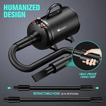Casavibeo pet dryer with 5.2HP motor, adjustable speed and temperature, including 3 nozzles for dog grooming and pet hair drying