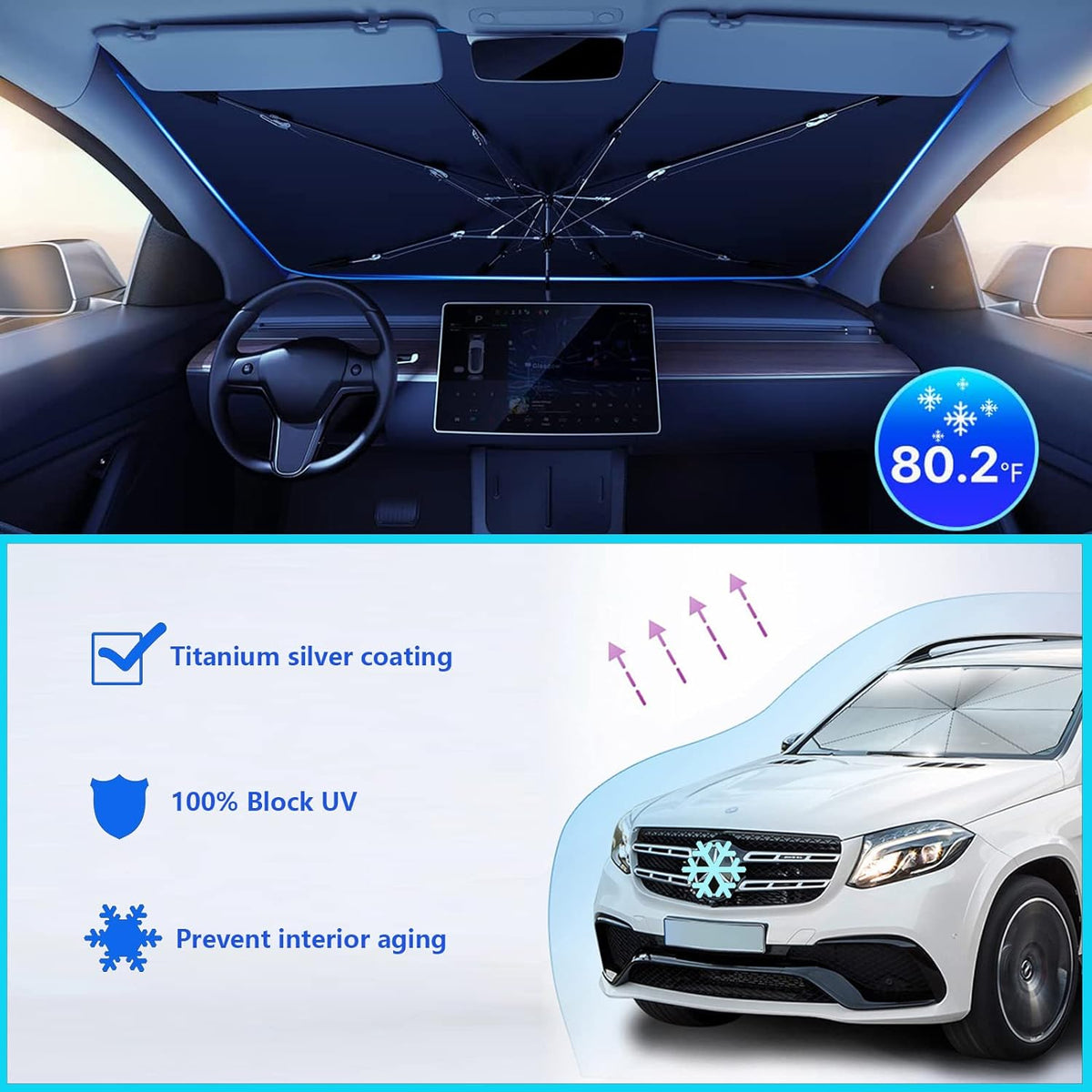 Belro car windshield sun shade accessory, designed to block sunlight and reduce heat inside the vehicle.