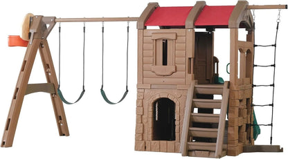 Casavibeo Step2 Naturally Playful Adventure Lodge Play Center with colorful playhouse, slide, and climbing features for kids.