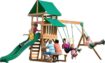 Cedar swing set with slides and swings from Backyard Discovery Belmont by Casavibeo, featuring multiple play areas and safety features.