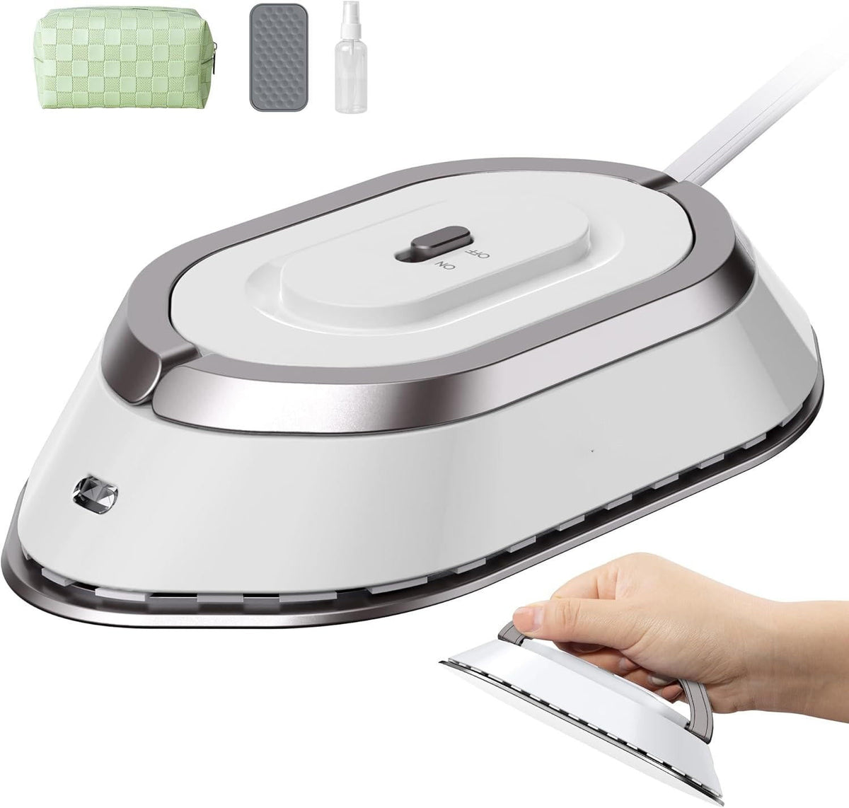 Belro portable travel iron with a compact design, ideal for home and outdoor use, featuring a sleek white and gray finish.