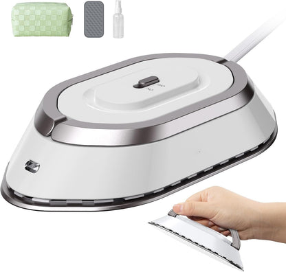Belro portable travel iron with a compact design, ideal for home and outdoor use, featuring a sleek white and gray finish.
