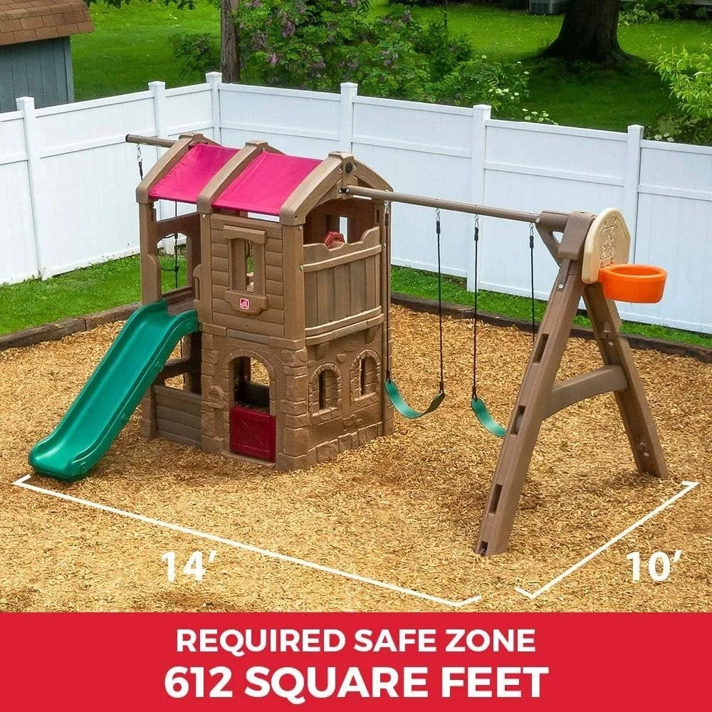 Casavibeo Step2 Naturally Playful Adventure Lodge Play Center with colorful playhouse, slide, and climbing features for kids.
