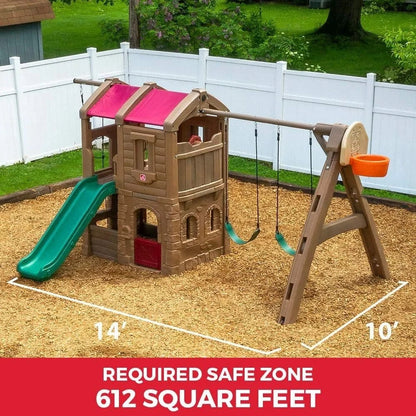 Casavibeo Step2 Naturally Playful Adventure Lodge Play Center with colorful playhouse, slide, and climbing features for kids.