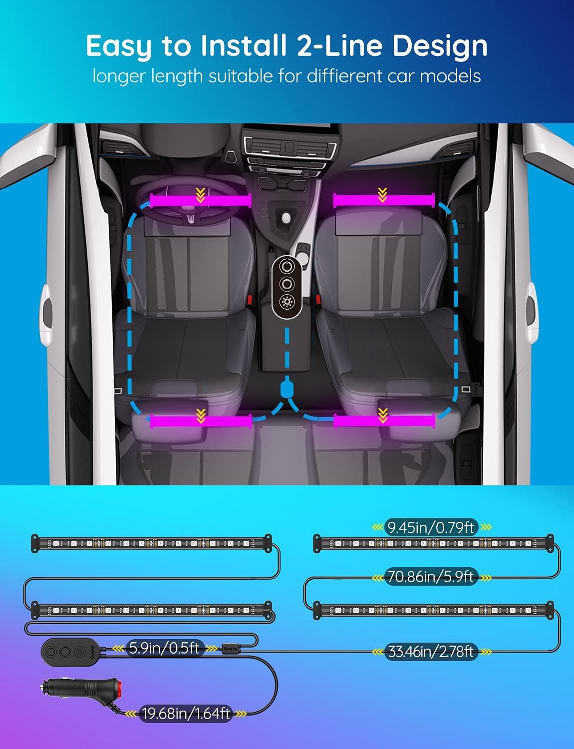 Belro smart interior car LED light strips installed inside a vehicle, providing customizable ambient lighting for the car interior.