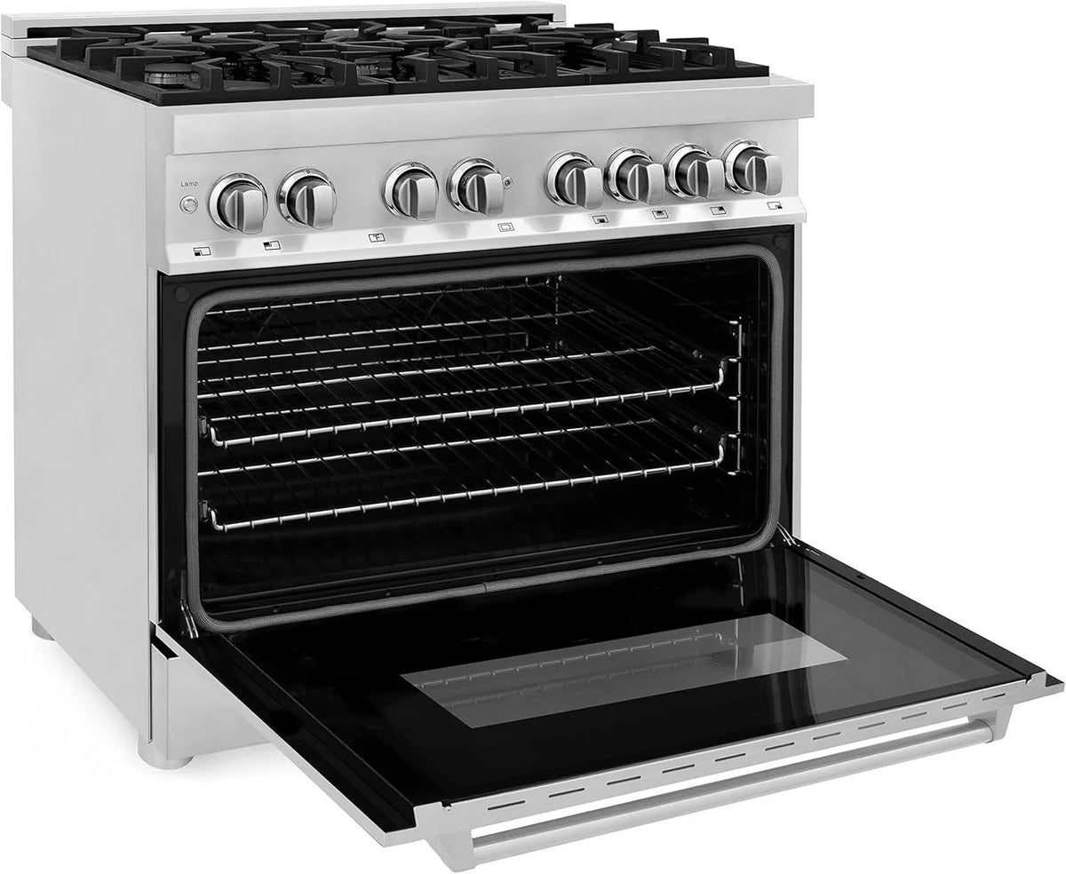 Casavibeo ZLINE 36-inch dual fuel range with stainless steel finish, four burners, and oven controls on a modern kitchen countertop.