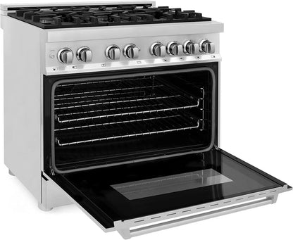 Casavibeo ZLINE 36-inch dual fuel range with stainless steel finish, four burners, and oven controls on a modern kitchen countertop.