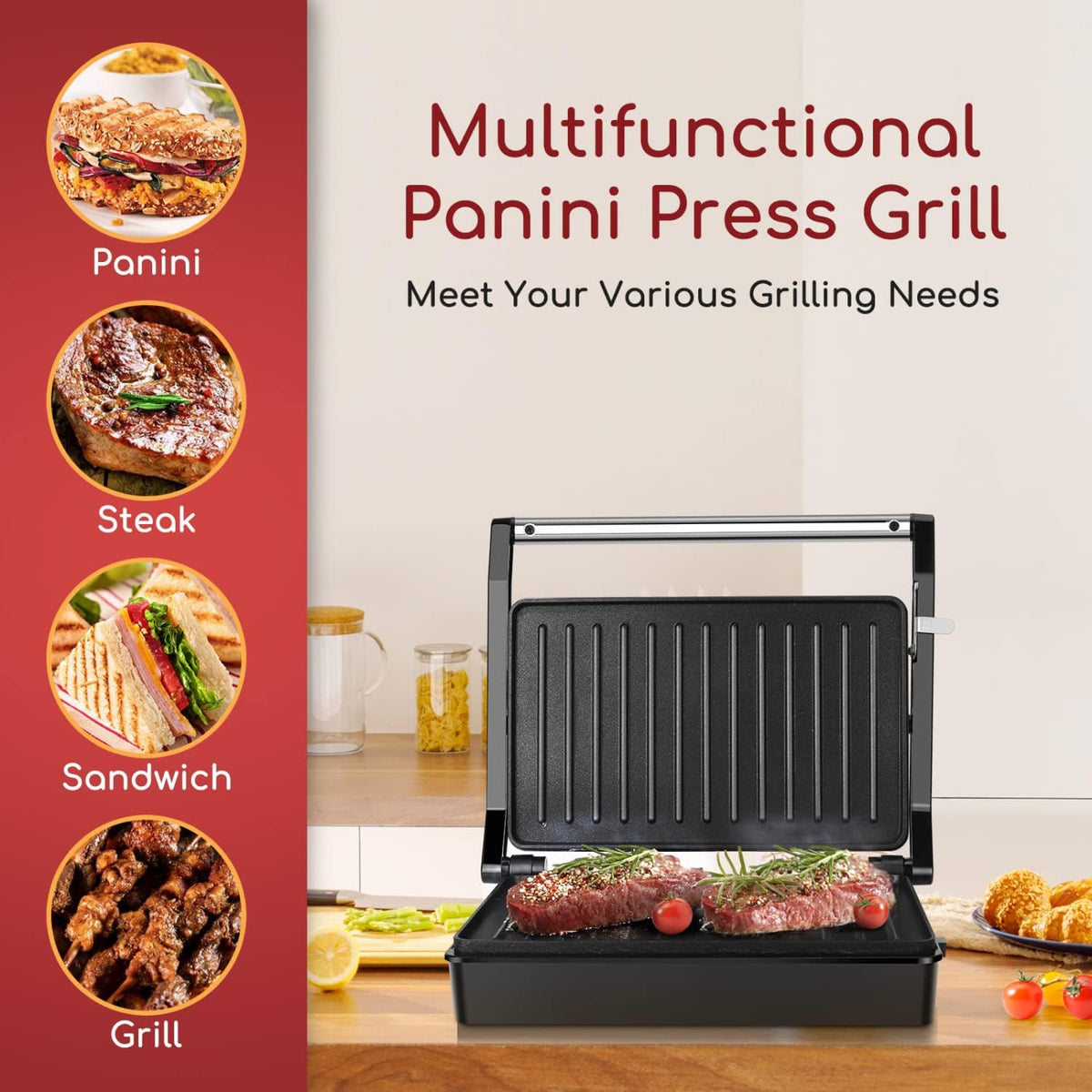 Belro Panini Press Sandwich Maker with non-stick plates for grilled sandwiches, compact design for kitchen use.