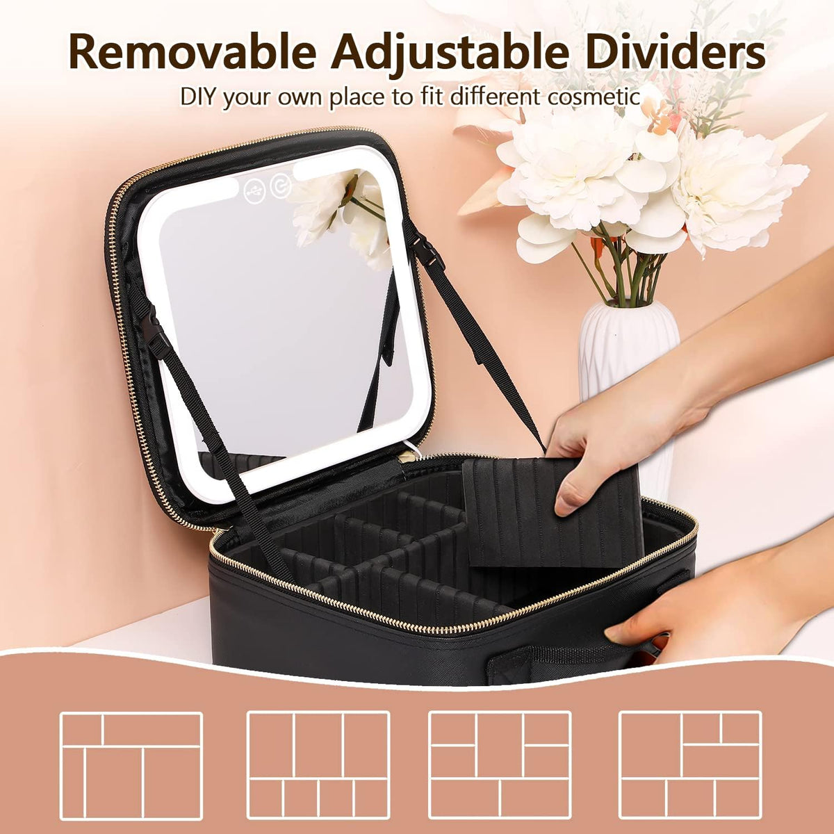 Belro makeup bag with built-in mirror and LED lights, stylish luggage accessory for organizing cosmetics and beauty essentials.