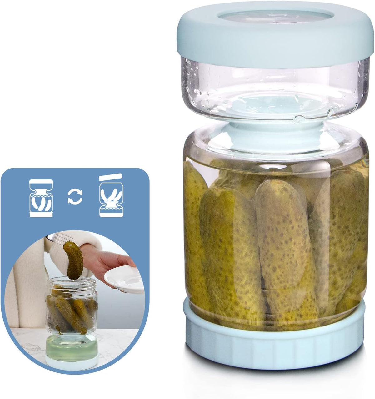 Belro glass pickle separator jar for kitchen, featuring a clear design and lid, ideal for storing and draining pickles.