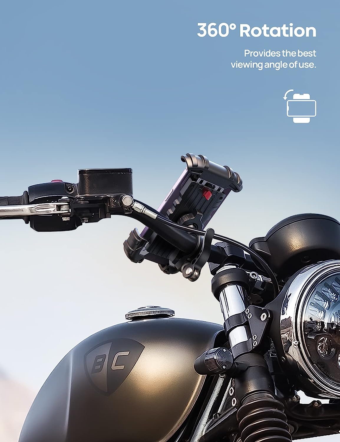 Belro motorcycle phone mount attached to a motorcycle handlebar, compatible with automotive and motorcycle accessories.