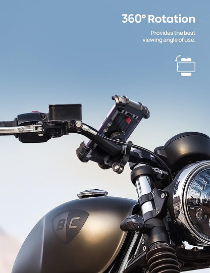 Belro motorcycle phone mount attached to a motorcycle handlebar, compatible with automotive and motorcycle accessories.