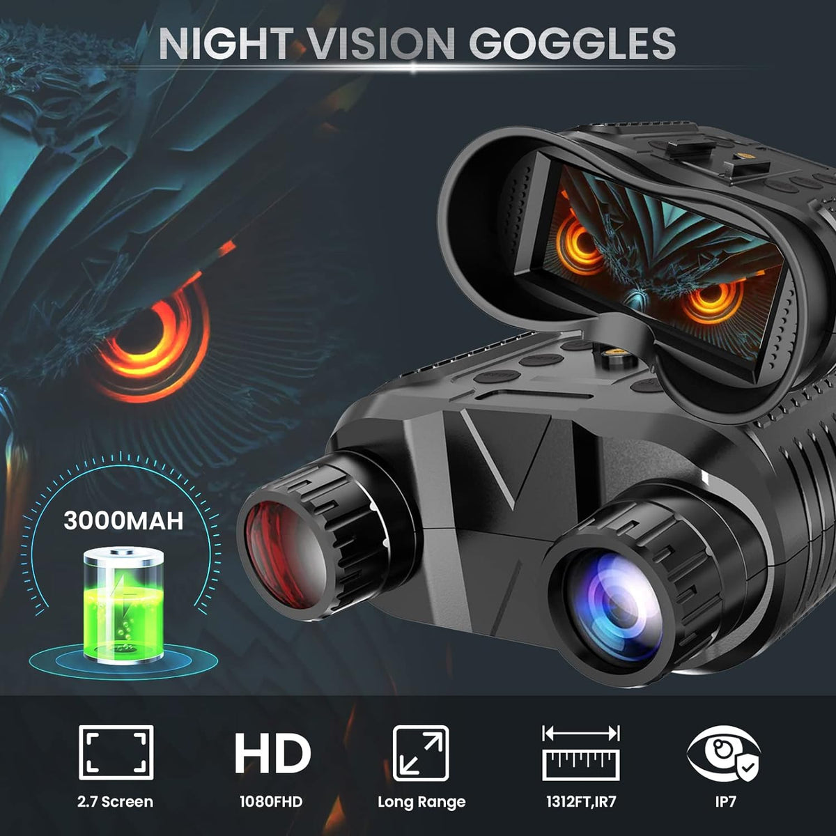 Belro 3D night vision binoculars with digital camera features, showing the device's front view with adjustable lenses and controls.