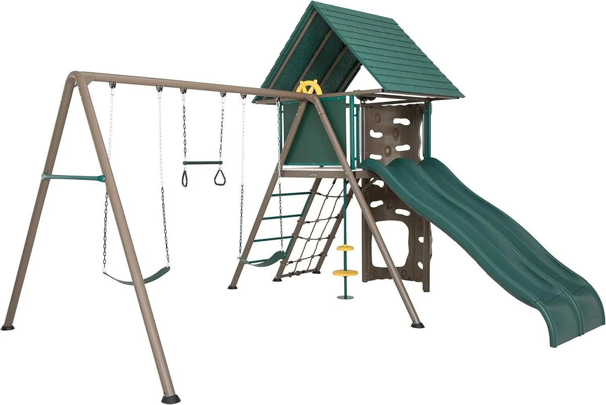 Casavibeo Lifetime Big Stuff Swing Set with multiple swings and slides, sturdy metal frame, colorful outdoor play equipment for kids.