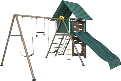 Casavibeo Lifetime Big Stuff Swing Set with multiple swings and slides, sturdy metal frame, colorful outdoor play equipment for kids.