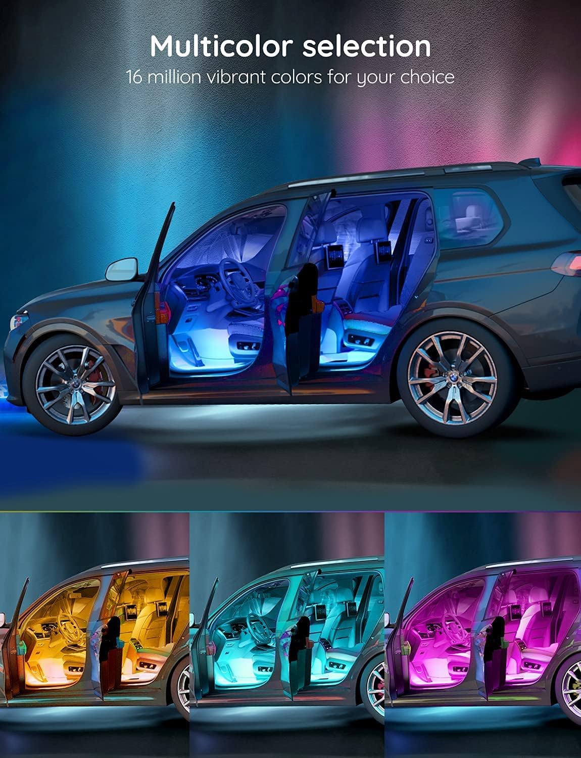 Belro smart interior car LED light strips installed inside a vehicle, providing customizable ambient lighting.