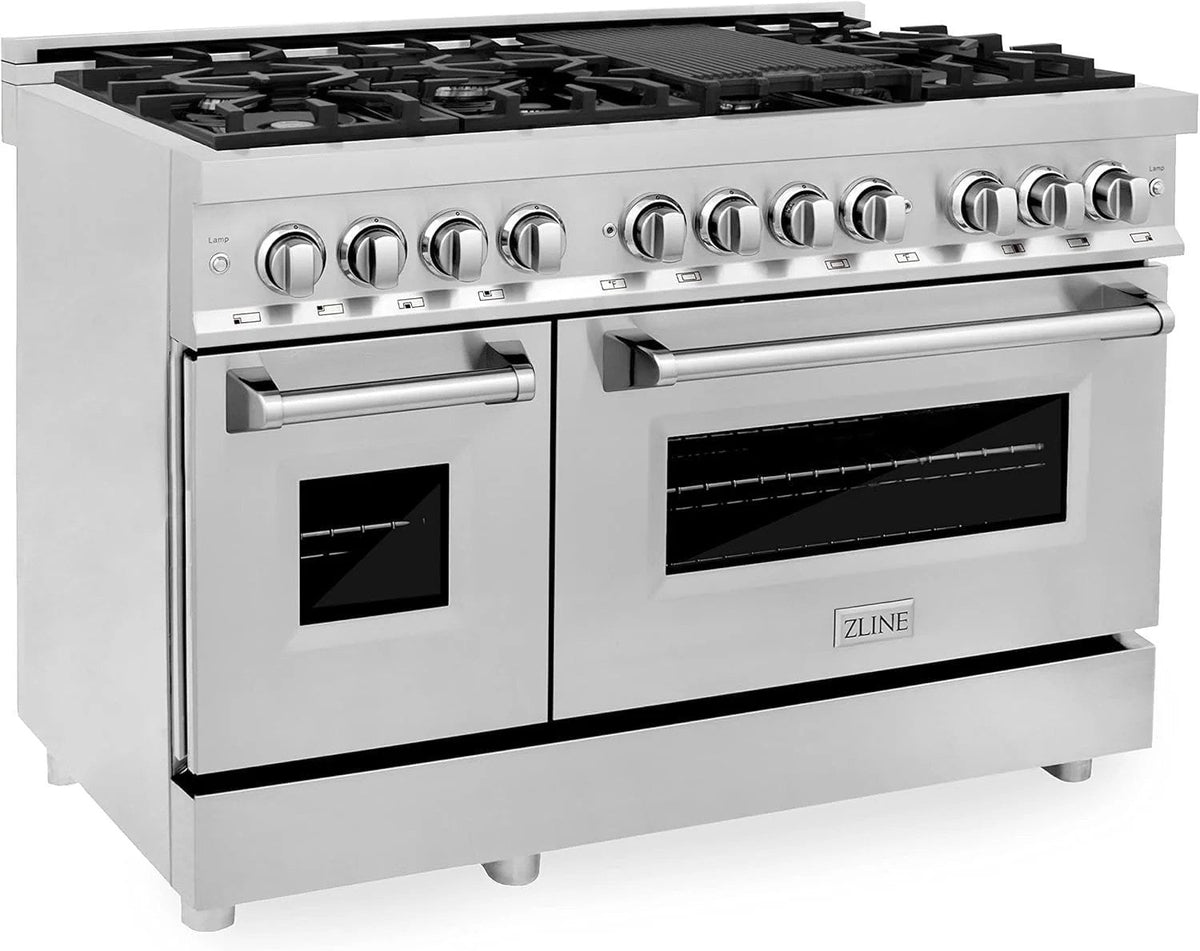 Casavibeo ZLINE 48-inch professional dual fuel range with stainless steel finish, six burners, and oven in a modern kitchen setting.