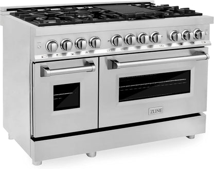 Casavibeo ZLINE 48-inch professional dual fuel range with stainless steel finish, six burners, and oven in a modern kitchen setting.