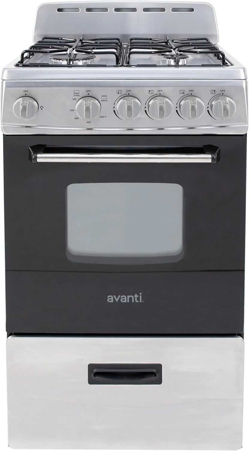 Casavibeo Avanti 20-inch freestanding gas range with four burners and oven, stainless steel finish, and control knobs.