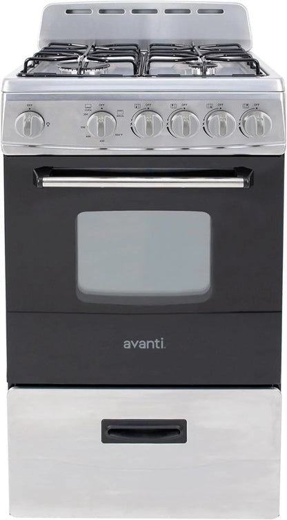 Casavibeo Avanti 20-inch freestanding gas range with four burners and oven, stainless steel finish, and control knobs.