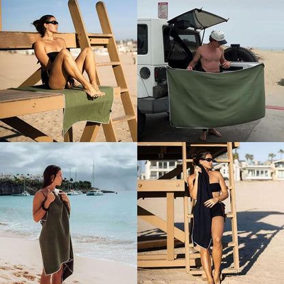 Belro magnetic quick-dry beach towel spread out on a sandy beach with a colorful striped pattern, ideal for outdoor use.