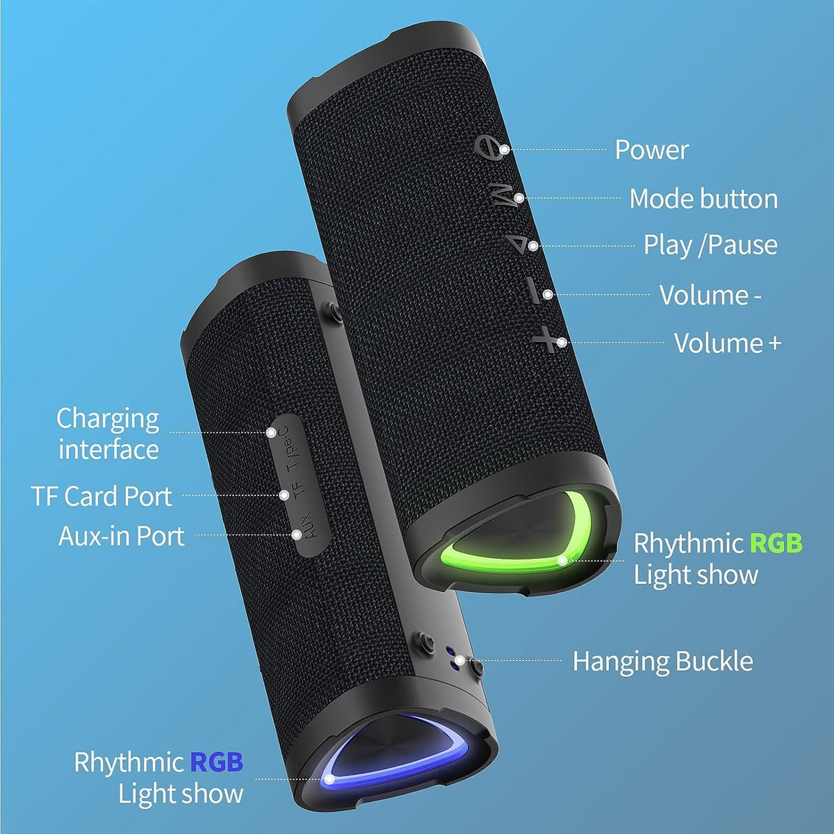 Belro portable Bluetooth wireless speaker in black, showing compact design with control buttons and speaker grille.