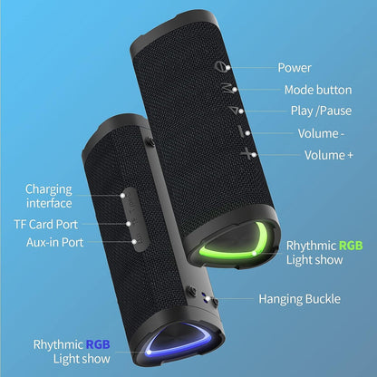 Belro portable Bluetooth wireless speaker in black, showing compact design with control buttons and speaker grille.