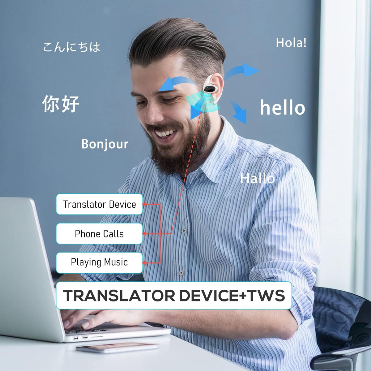 Belro language translator earbuds in black, wireless electronic earbuds with compact design and touch controls.