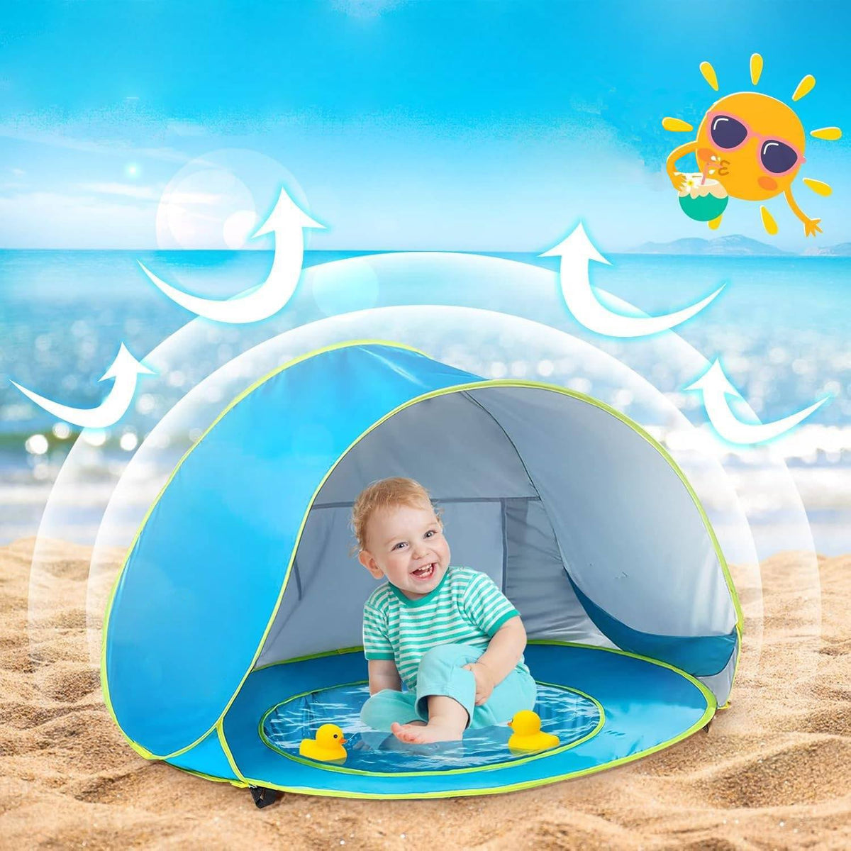 Belro baby beach tent with UV protection, lightweight accessories and sunglasses for sun safety and shade at the beach.