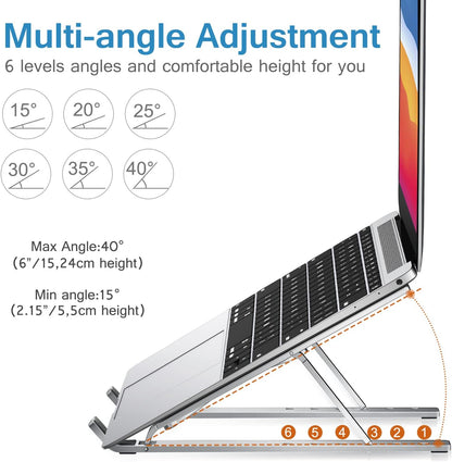 Belro foldable portable laptop stand supporting a laptop with adjustable height, ideal for ergonomic computer use.