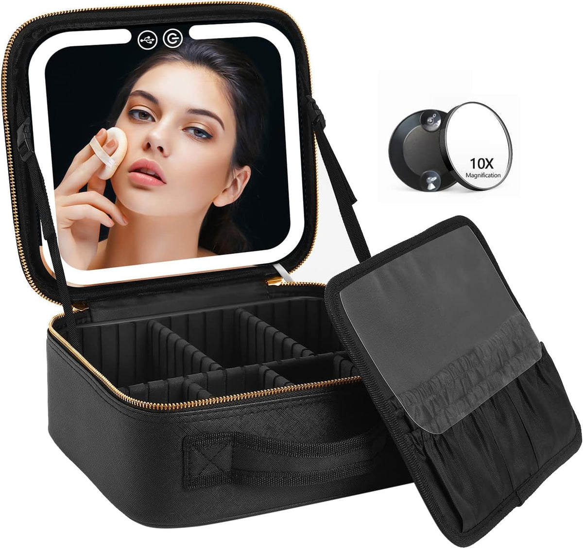 Belro makeup bag with built-in mirror and LED lights, compact travel case for cosmetics and beauty essentials.