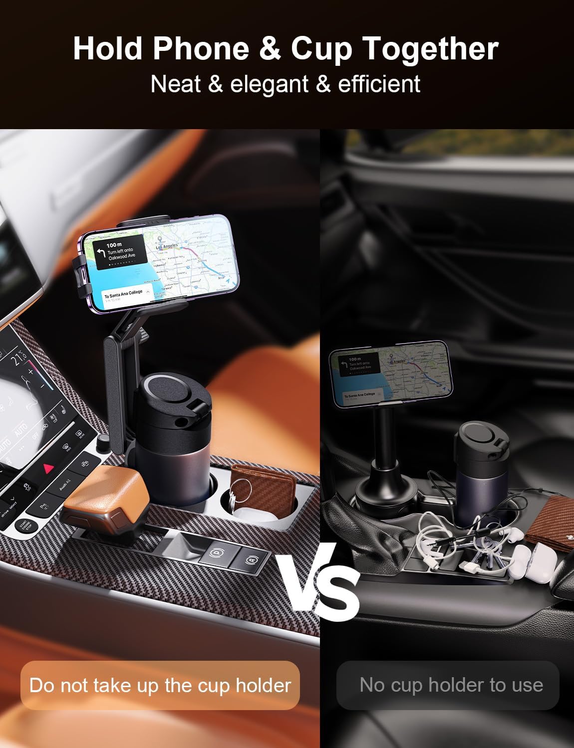 Belro car phone cup holder mount attached to a vehicle's cup holder, holding a smartphone for easy access during driving.