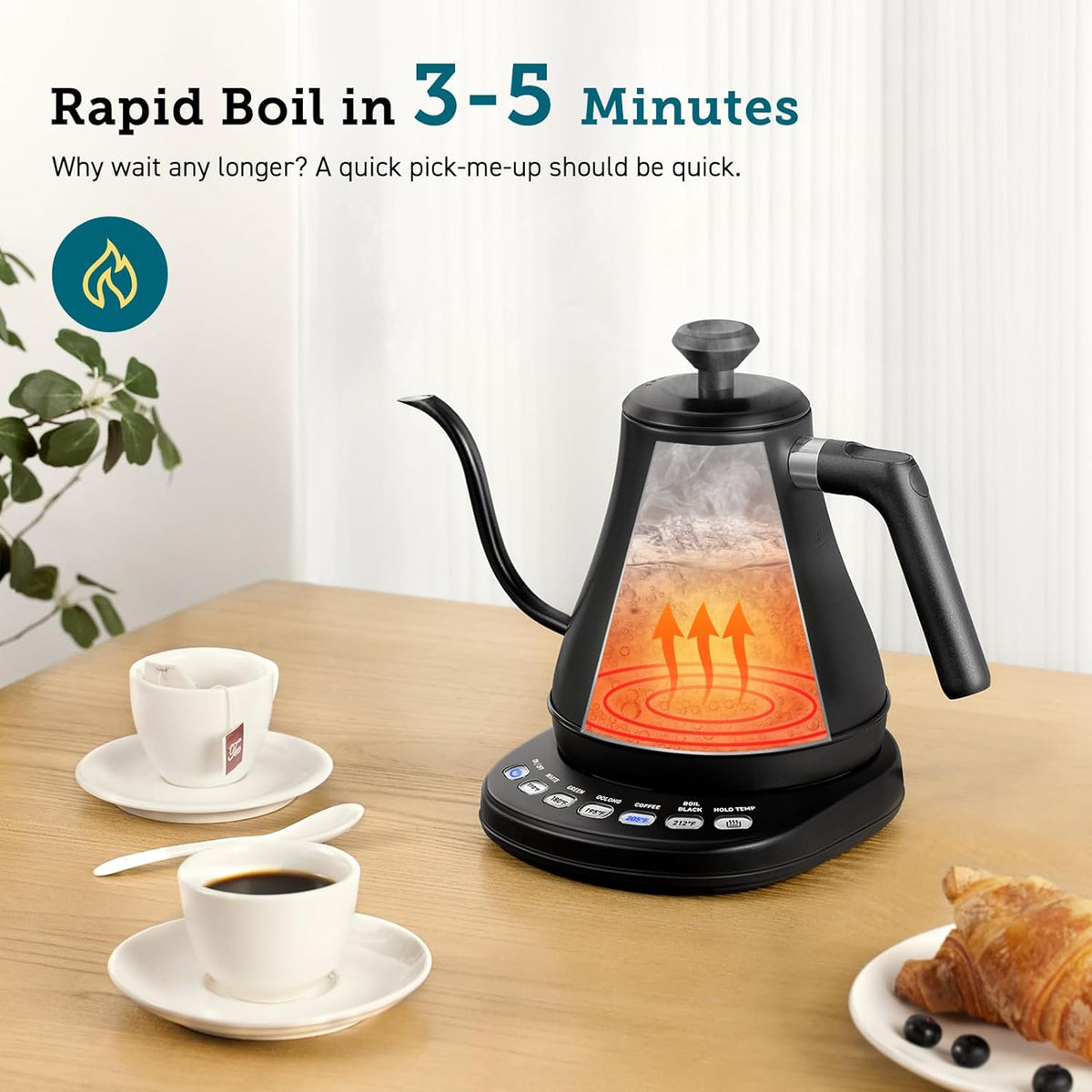 Belro electric gooseneck kettle with a sleek design, featuring a long spout and stainless steel finish for precise pouring.