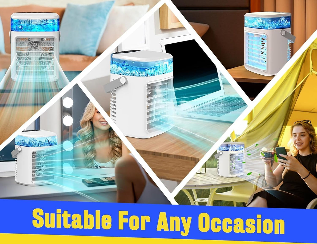 Belro portable evaporative air cooler fan with mist, rechargeable, three speed settings, ideal for outdoor home and garden use