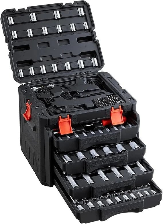 Casavibeo VEVOR mechanic tool set with sockets, wrenches, bits, and storage case for SAE and metric sizes in a compact kit