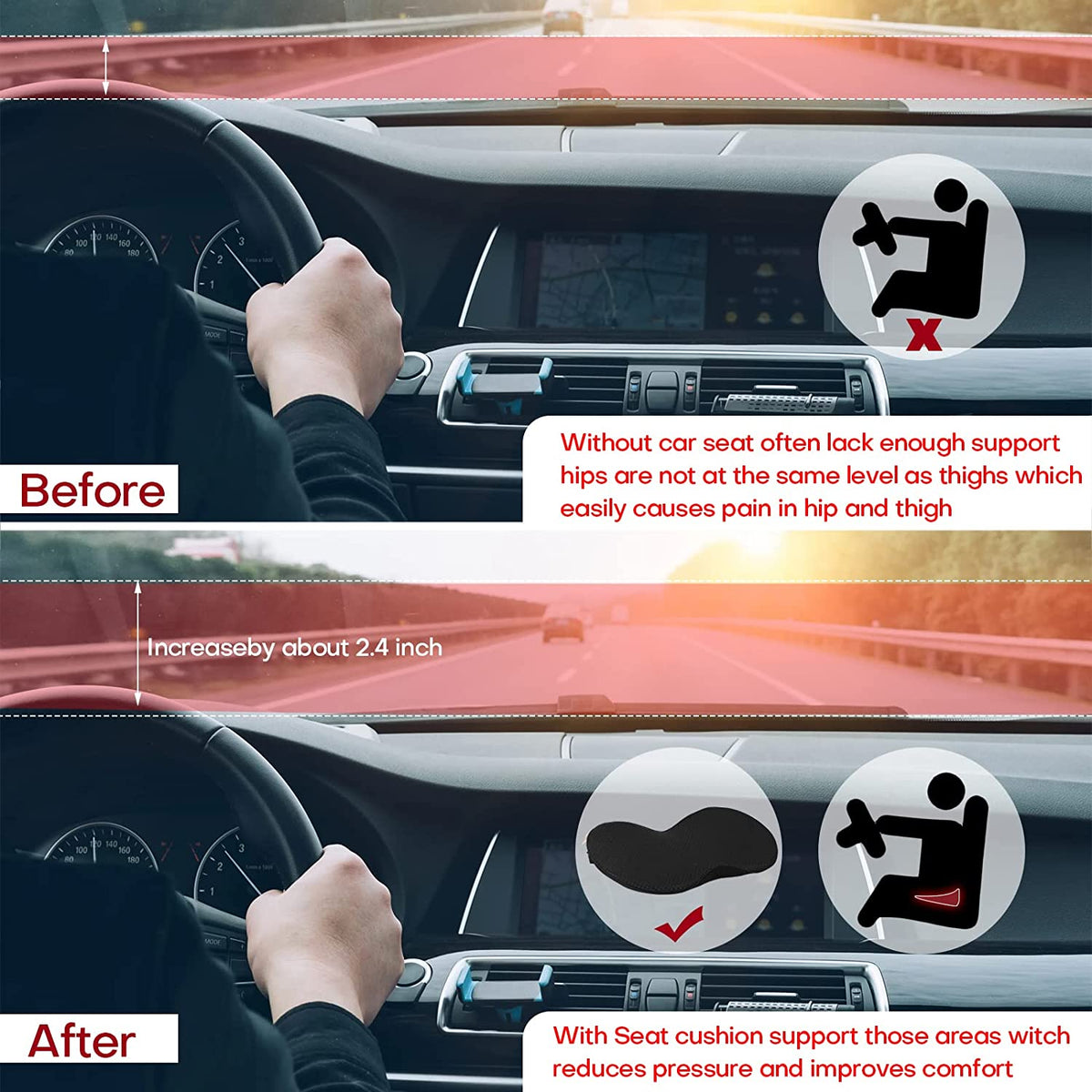 Belro car seat cushion for shorter drivers, back support cushion designed for ergonomic comfort in vehicle seats.
