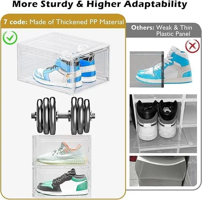Stackable white Casavibeo clear shoe storage organizers with magnetic doors for sneakers, boots, and heels in a closet.
