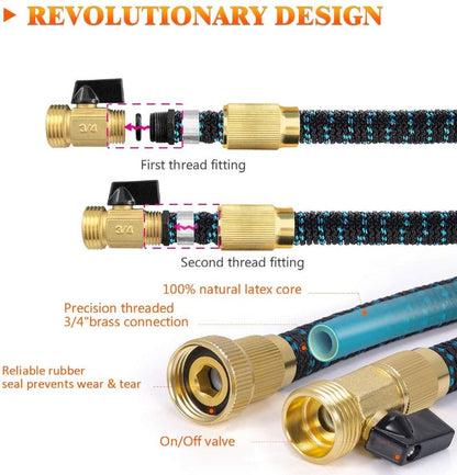 Belro expandable garden hose stretching out with a spray nozzle, ideal for outdoor watering and gardening tasks.