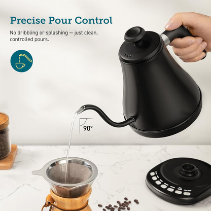 Belro electric gooseneck kettle with black handle and stainless steel body, displayed on a kitchen countertop.